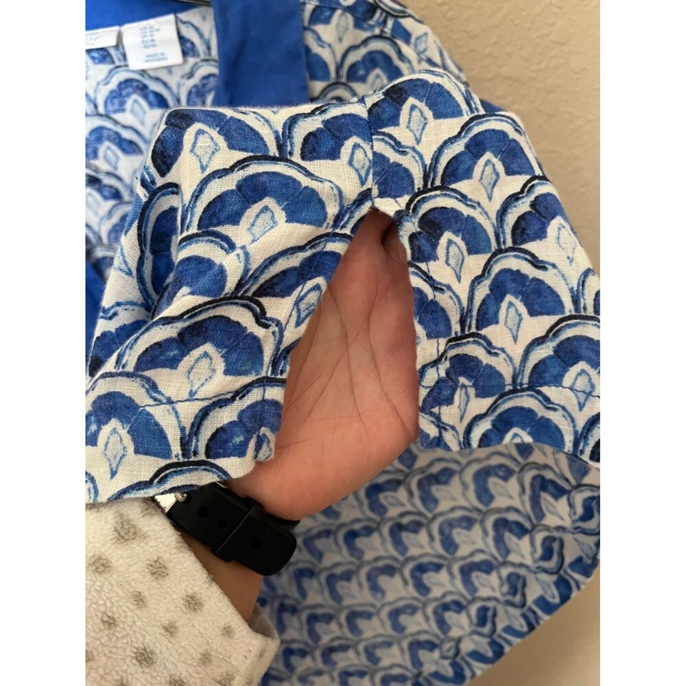 Sigrid Olsen 100% Linen Blue/White Print 3/4 Sleeve Popover Top Blouse Size MED - Picture 6 of 8
